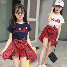 Clothing Sets for Children Casual Girls Sets Clothing Letter Print Tee Shirt + Bow Plaid Skirt Pants Summer Clothes for Girls цена Clothing Sets for Children Casual Girls Sets Clothing Letter Print Tee Shirt + Bow Plaid Skirt Pants Summer Clothes for Girls цены онлайн