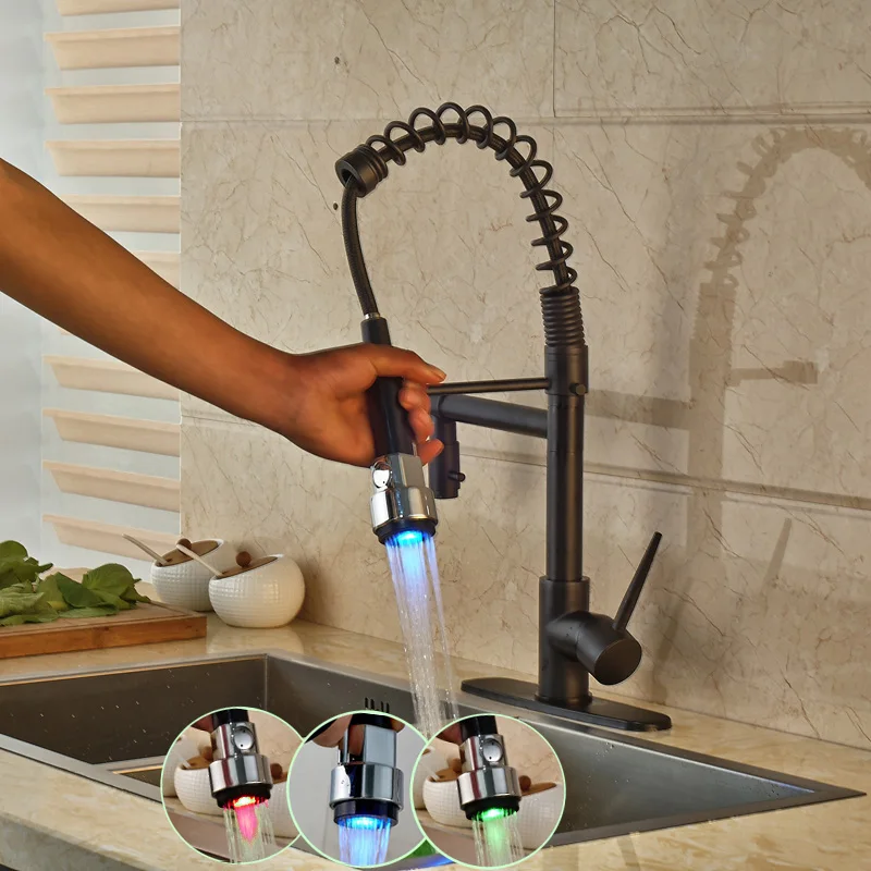 Modern Best Quality Spring Pull Down Bathroom Kitchen Sink Faucet Dual Swivel Spout with LED Light