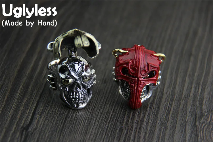 

Uglyless Real S925 Thai Silver Openable Mask Knight Finger Rings for Men Exaggerate Skull Ring Handmade Thai Fine Jewelry Bijoux