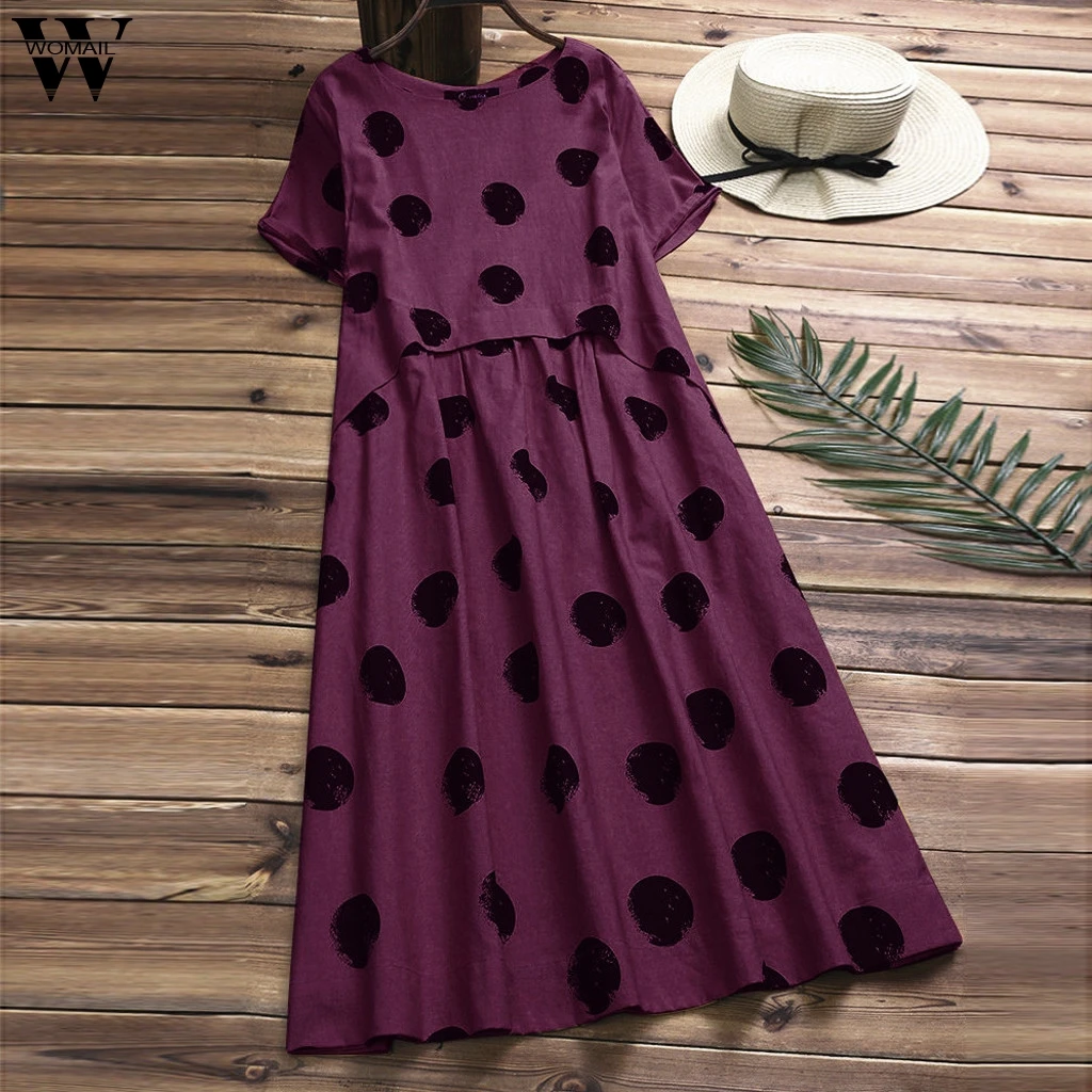 

Womail Vintage Dresses Womens Casual Polka Dot Print Plus Size Short Sleeve Mid-Calf Dress For Ladies Dropship May23 Vestido