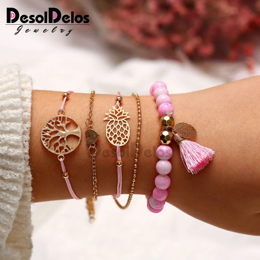 

5pcs/Set Pineapple Heart Coconut Tree Charm Bracelets Pink Stone Beads Bracelets Sets Multi-layer Chain Bohemian Bracelet Women