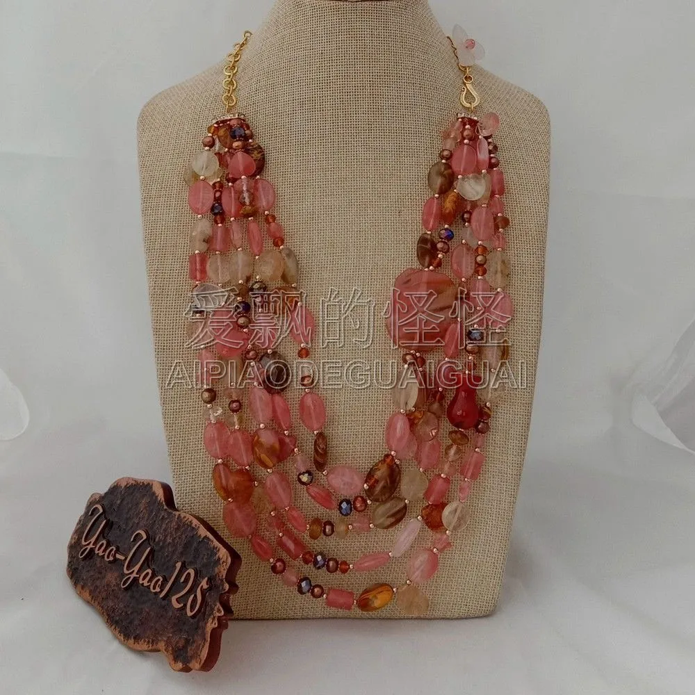 

Women's 5 Strands 26'' Brown Pearl Watermelon Crystal Necklace