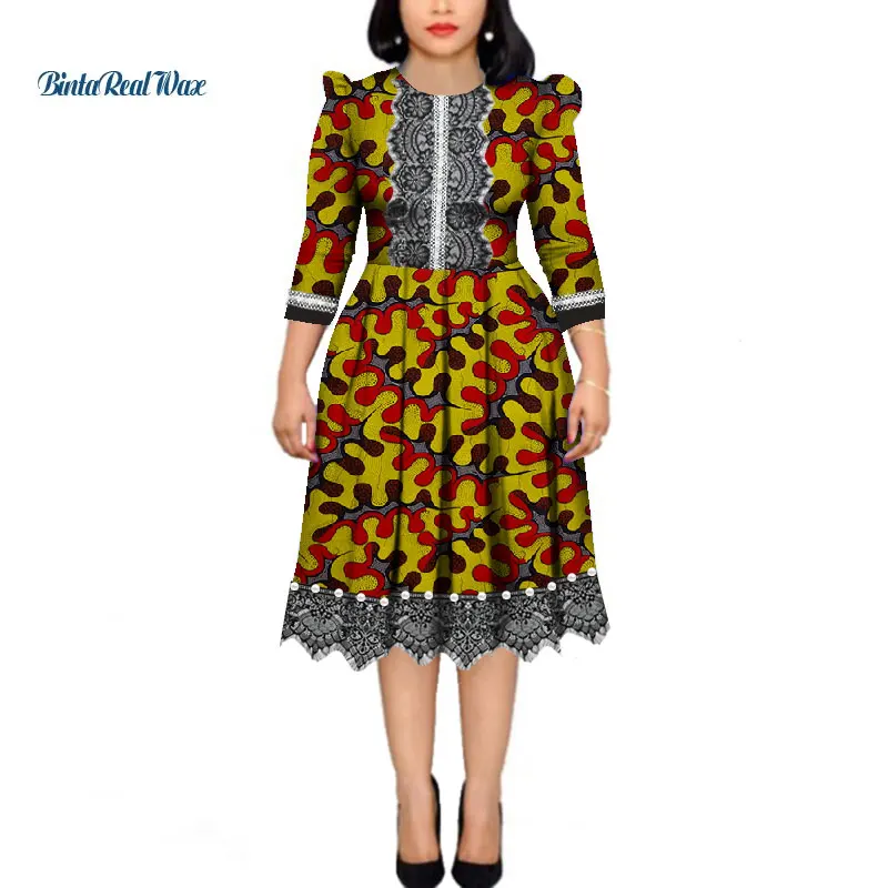 

African Dresses for Women Pearls Bazin Riche Wax Print Patchwork Dresses Dashiki African Style Long Sleeve Dresses WY4339