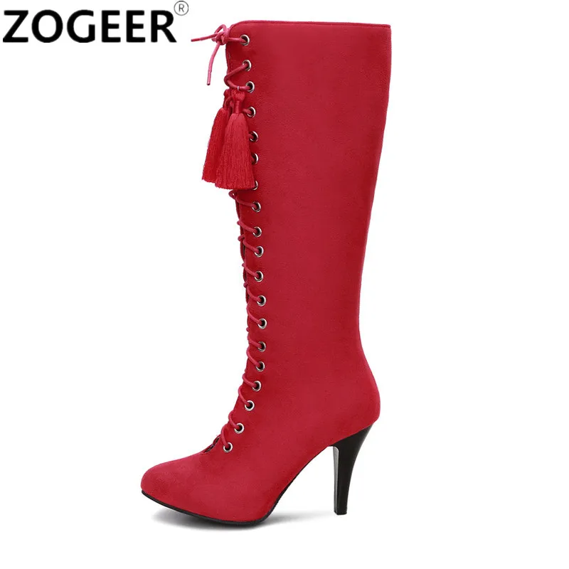 Lace Women Boots Red Boots Women Knee High Boots Party Shoes