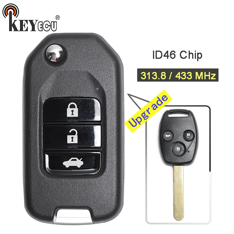 KEYECU 10x313,8/433 МГц ID46 чип Модернизированный Флип складной 3 кнопки дистанционного брелока для Honda Civic