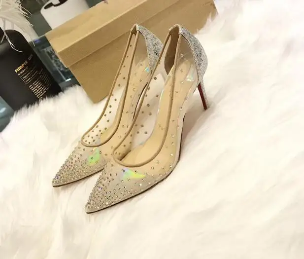 

New Mesh Bright Drill High 10cm 8cm Thin Heel High heel Heel Brand Red Bottom Pointed Toe Hollow Silver Light Mouth Single