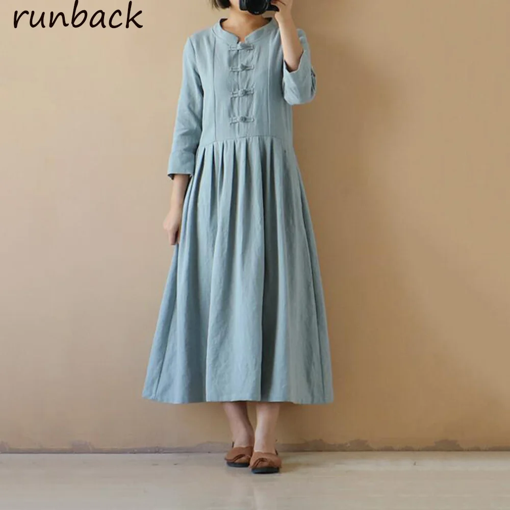 

Original 2019 Spring New Women's Pure Color Cotton Linen Dress Buckle Stand Collar Dresses Three Quarter Mid Calf Destido