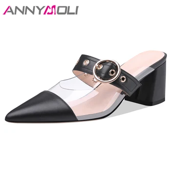 

ANNYMOLI Transparent Shoes Women Genuine Leather Mules Shoes High Heels Slippers Summer Buckle Pointed Toe Sandals Apricot 33-42