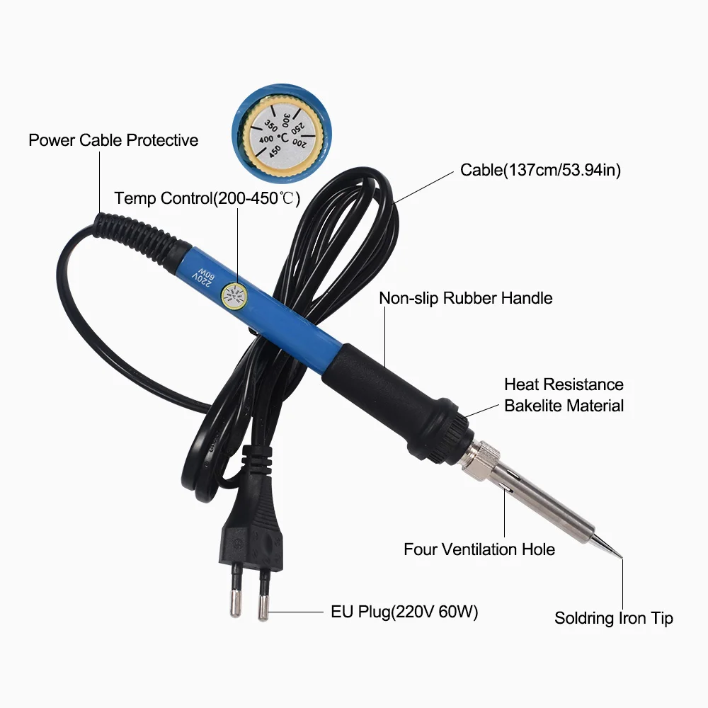 Электрический паяльник с вилкой европейского стандарта, 60 Вт, набор, инструмент для сварки с регулируемой температурой, 5 шт. наконечников, плоскогубцы, щипцы
