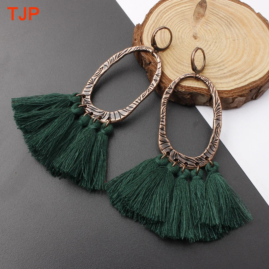 

TJP 2019 New Ethnic Bohemian Drop Dangle Long Rope Fringes Cotton Tassel Earrings Red Sector Earrings for Women Fashion Jewelry