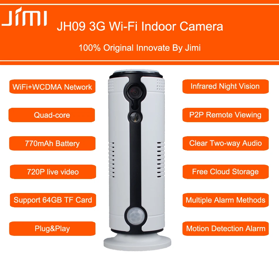 Jimi JH09 3G New Smart Security CCTV Surveillance Camera 720P Mega Pixel HD WiFi IP Camera Wireless TF Card Storage P2P H.264