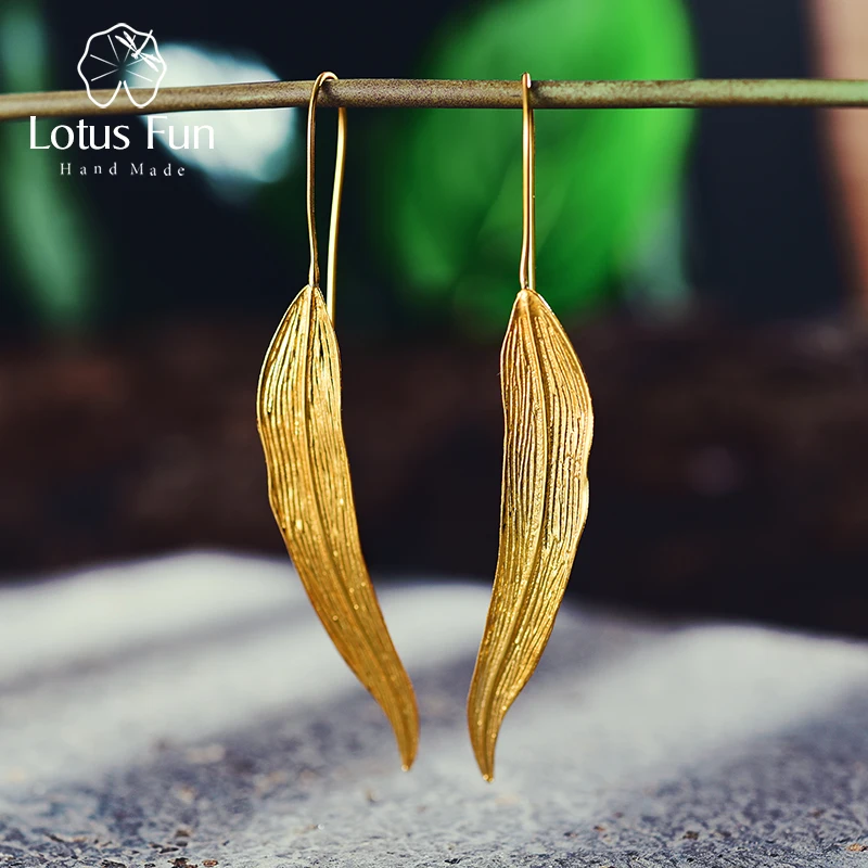 

Lotus Fun 100% Real 925 Sterling Silver Earrings for Women Gold Color Leaf Design Hook Drop Dangle Earring New Years Day Gifts