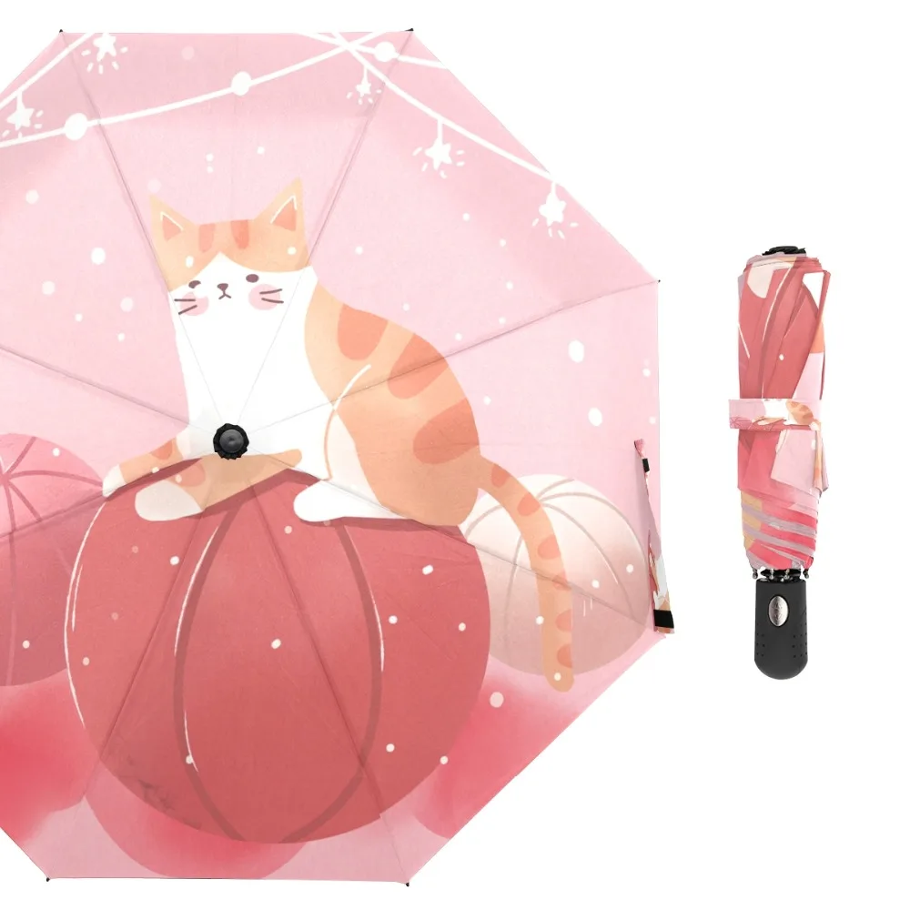 

Susino Cute Pink Cat Windproof Umbrellas Fully-automatic Open Pongee Compact Auto Open CLose Three-folding Umbrella
