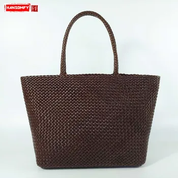 

Hand-woven Women Handbags Luxury Fashion Female Large Capacity Shoulder Bags New Art Fresh Genuine Leather Woven Bag Cow Leather