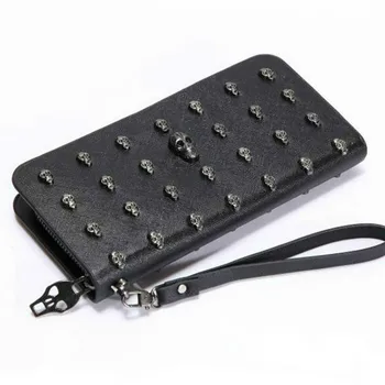 

2018 Fashion Women Leather Wallet Black Skull Rivet Rock Women's Clutch Bag Zipper Wristlet Long Purses Card Holder High Quality