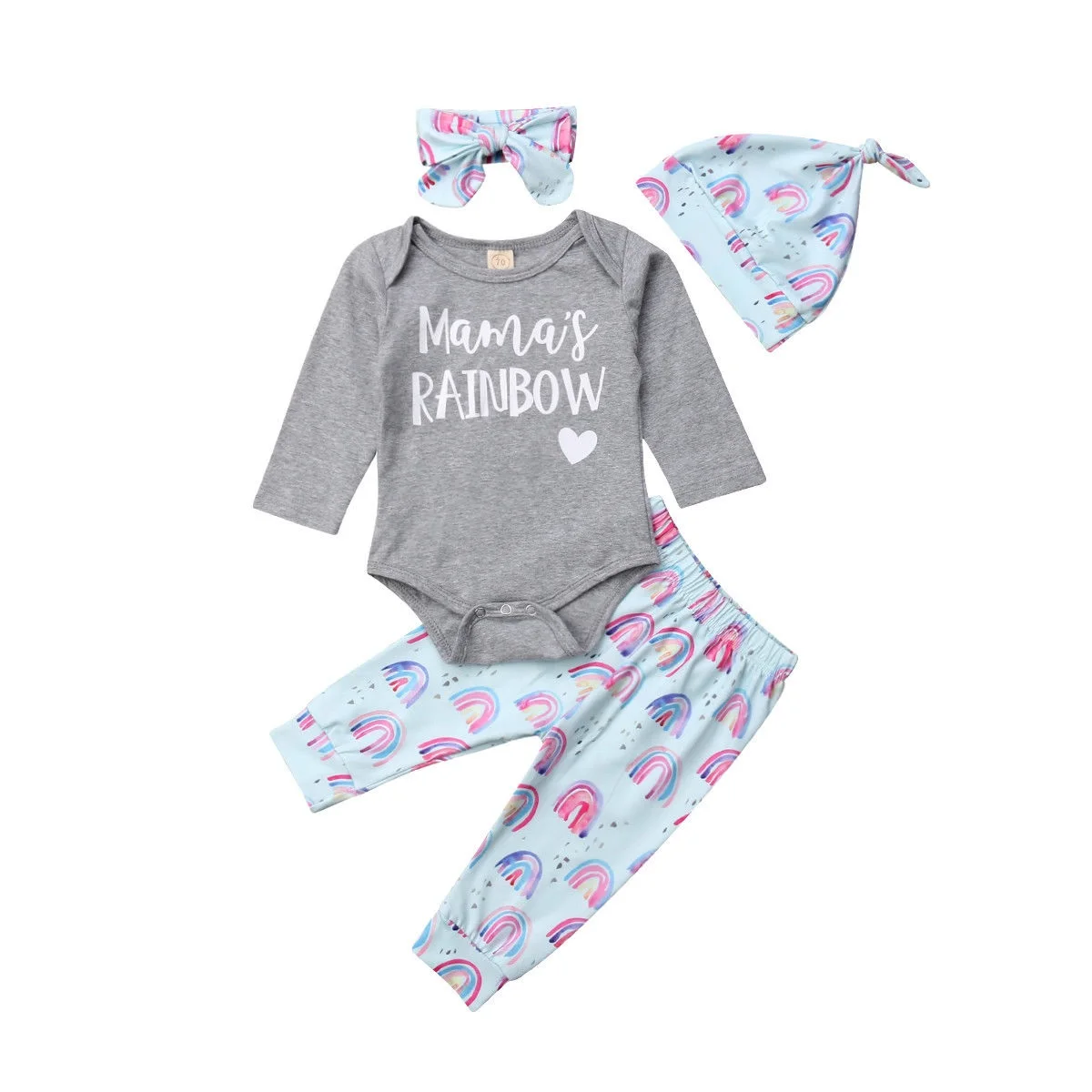 

4Pcs Newborn Baby Girl Long Sleeve Letter Romper Tops Rainbow Pants Hat Headband Outfits Clothes Set 0-18M
