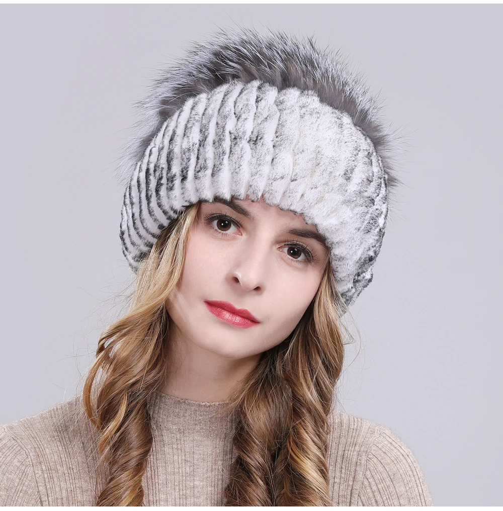 Outdoor Women Warm Soft Genuine Rex Rabbit Fur Hat Knitted Natural Real Sliver Fox Fur Caps Winter Real Rabbit Fur Beanies Hats