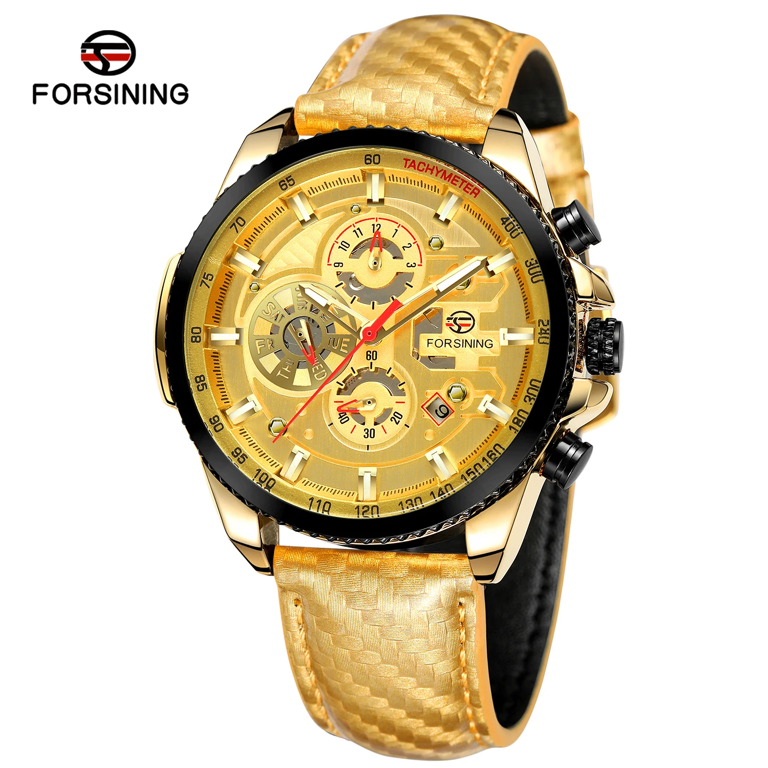 Forsining Three Dial Calendar Display Black Men Automatic Leather strap Wrist Watch Top Brand Luxury Military Sport Male Clock