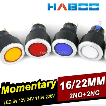 

10PCS push button switch momentary IP65 16/22 installation diameter 8pins 2NO+2NC with led 6V 12V 24V 110V 220V ultrathin