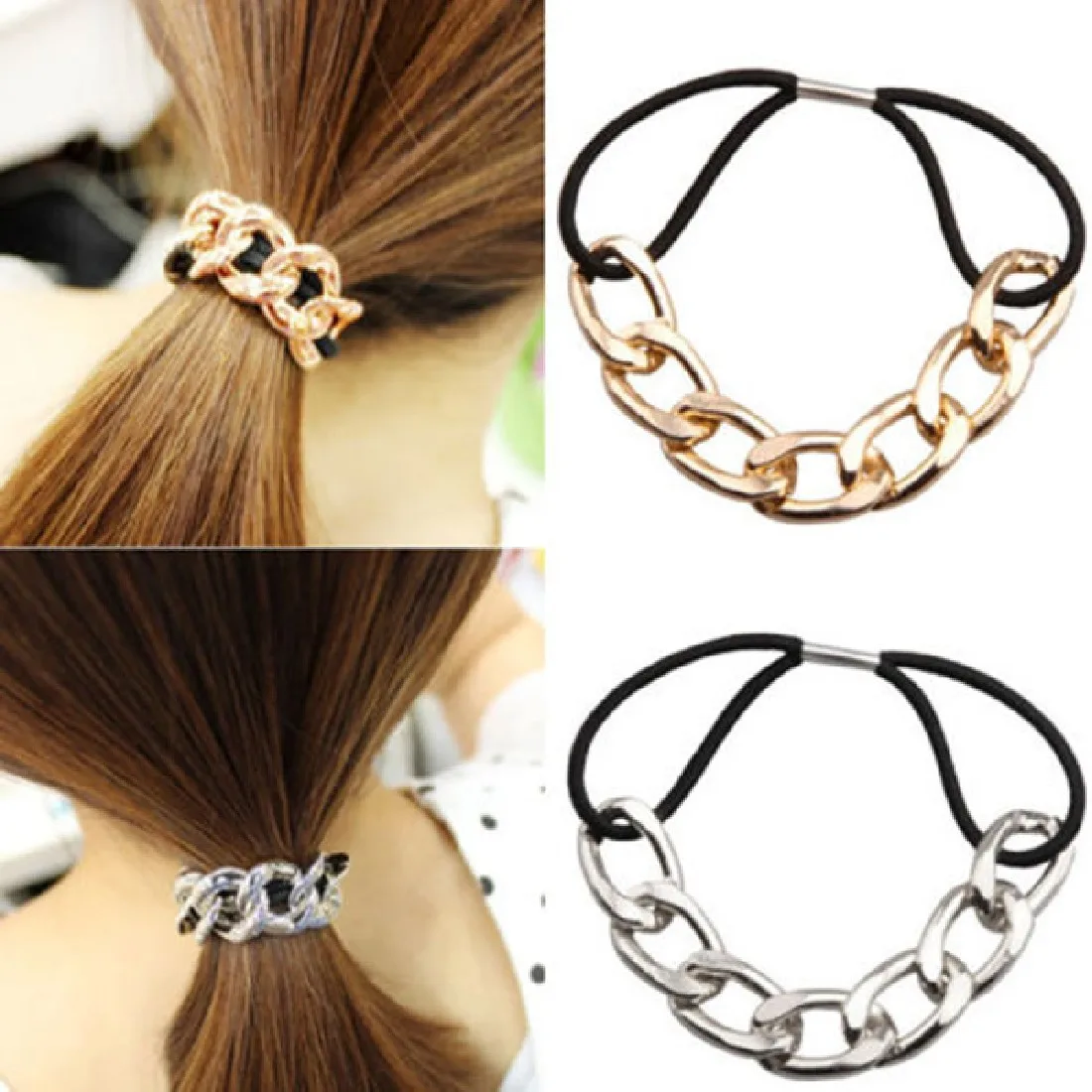 Punk Hair Bands Gold Silver Color Woman Elastic Hair Band Rope Ties Metal Ponytail Holder Girls
