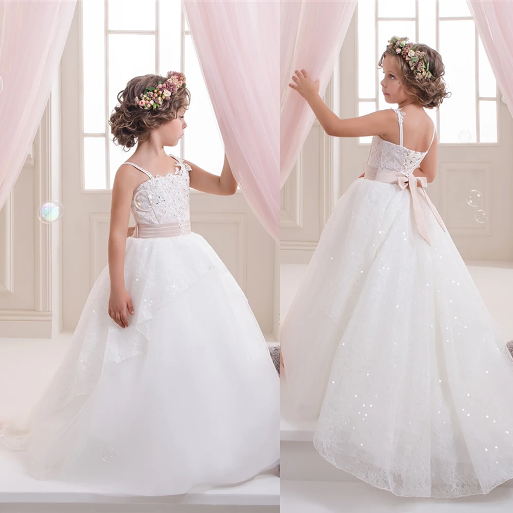 Long Ball Gown Flower Girls Dresses Appliques Beading Sequins Bling Little Pageant Dress Custom Made | Свадьбы и торжества