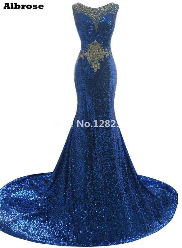 2016 Bling Sequins Blue Crystal Beaded Long Mermaid