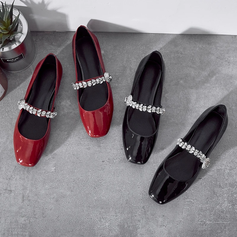 

New arrival spring 2017 autumn women shoes flat rhinestone solid office ladies genuine real leather square toe bridal shoes red