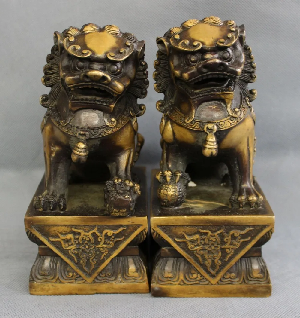 

bi002941 Chinese Bronze FengShui Foo Fu Dog Wealth Foo Fu Dog Men Lion Ball Statue Pair
