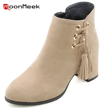 

MoonMeek hot sale 2020 classic flock woman boots autumn winter pointed toe fringe boots elegant high heels ankle boots ladies