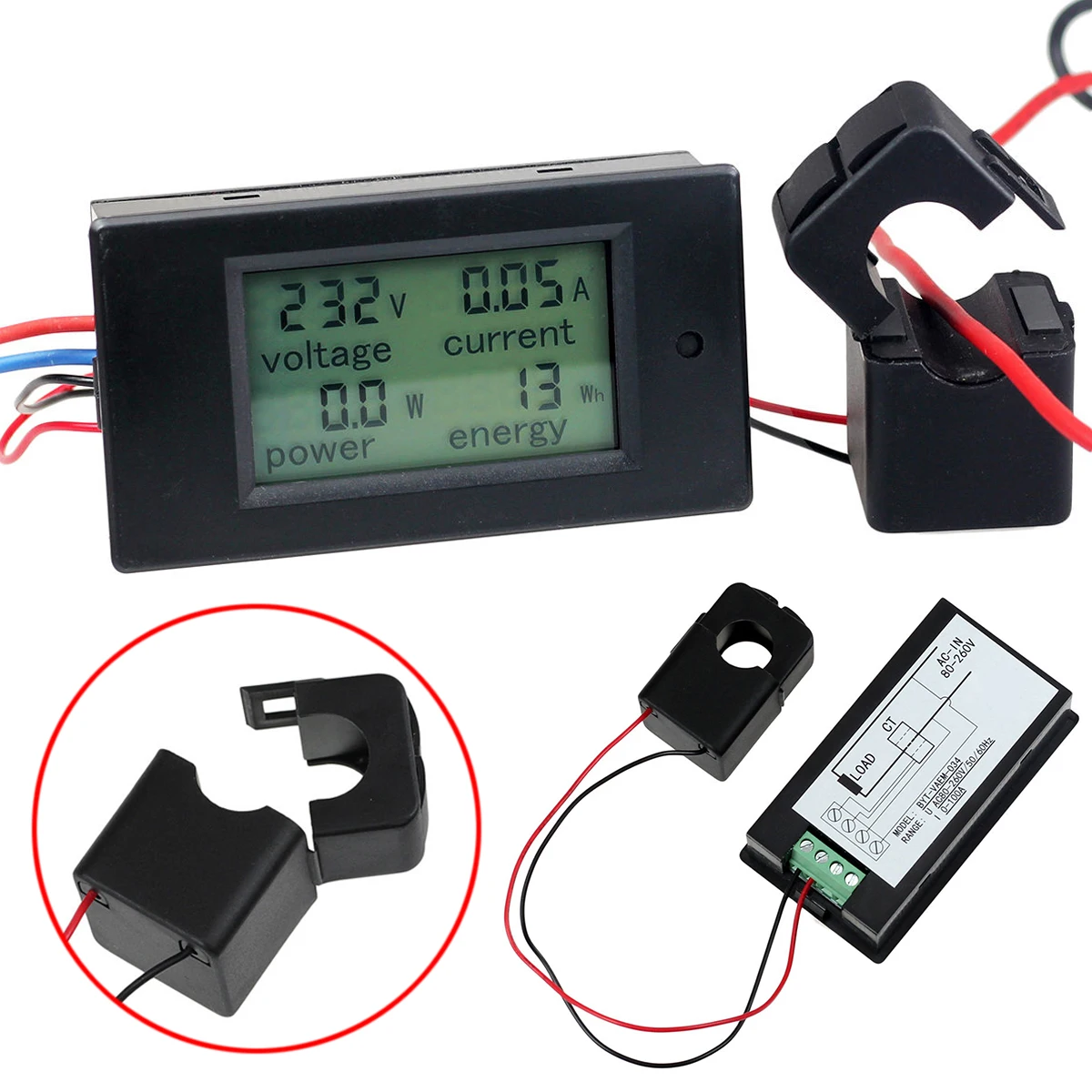 Digital AC 80-260V 100A Volt Amp Meter Power KWh Watt Meter Monitor Voltmeter Ammeter Open Close CT Voltage Indicator Mayitr voltmeter ammeter ac 110v 220v 20a 100a ac current voltage meter watt kwh monitor power factor frequency meter