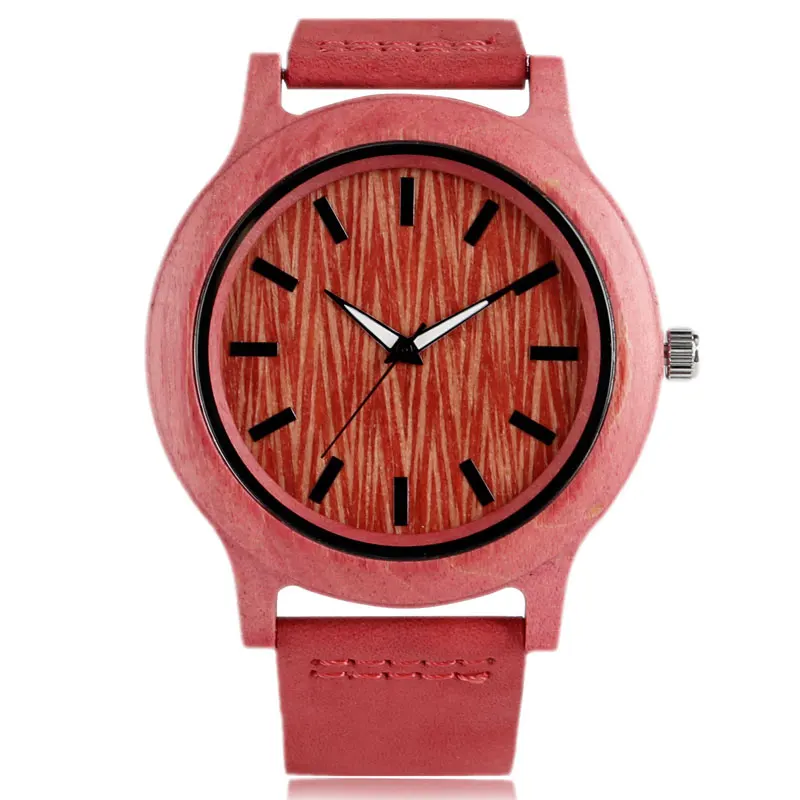 

Fashion Wooden Red Quartz Wrist Watches with Leather Bracelet Khaki Bamboo Watch for Men Women relogio de madeira Simple
