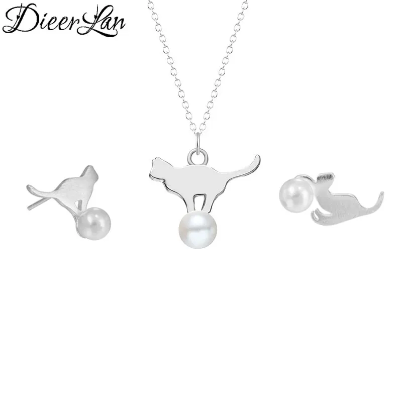 

DIEERLAN Simulated Pearl Bridal Jewelry Sets Wedding Jewelry 925 Sterling Silver Cat Earrings Necklaces for Women Bijoux 2019
