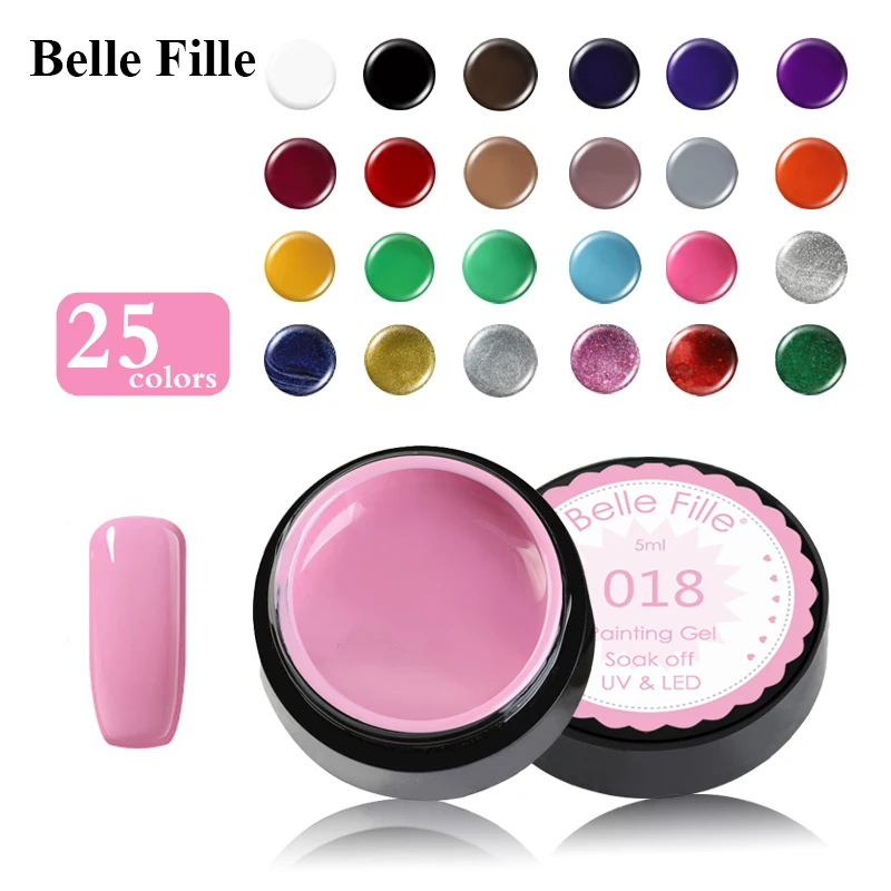Belle Fille 25 Colors Painting Gel Paint Solid Pure Glitter Uv Soak Off