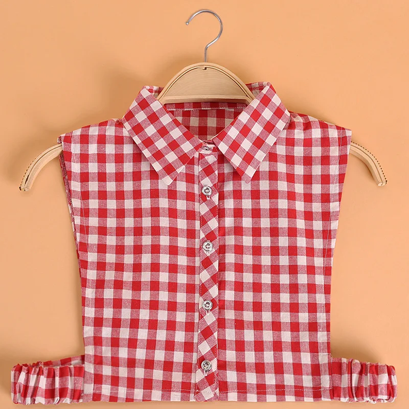Women Red Checked Shirts Collar Red White Plaid Fake False