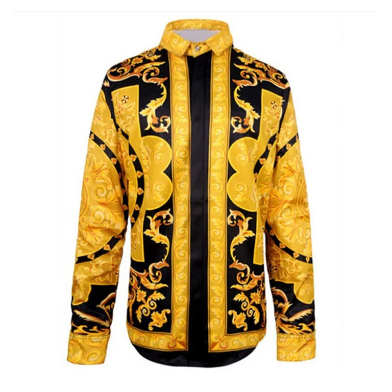 

Korea Fashion Male Shirt Gothic Baroque Shirt Men Gold Flower Print Dress Shirts Summer Style Luxury Casual Slim Fit Men Clothes
