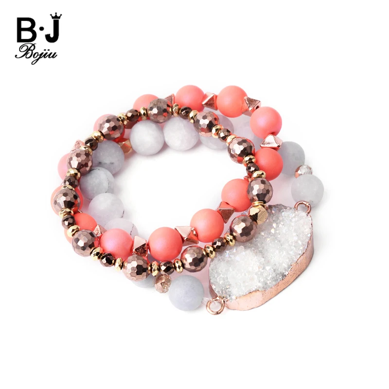 

3 Pcs/Set Natural Druzy Stone Charm Bracelets For Women Gray Agates Cut Crystal Orange Plastic Beads Bracelets Femme BCSET276