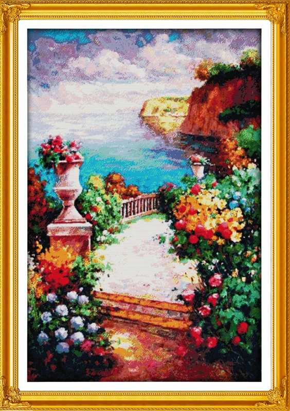 

The beach path among the flowers counted printed on fabric 14CT 11CT Cross Stitch kitsembroidery needlework Sets Home Decor