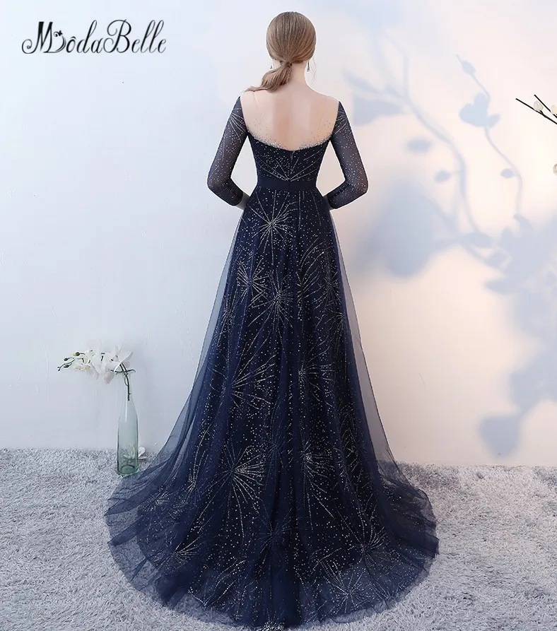 Modabelle Тюль темно-синий платье для выпускного вечера со звездами Блёстки Для женщин Bling вечернее платье с длинным рукавом 2018 luxus выпускной