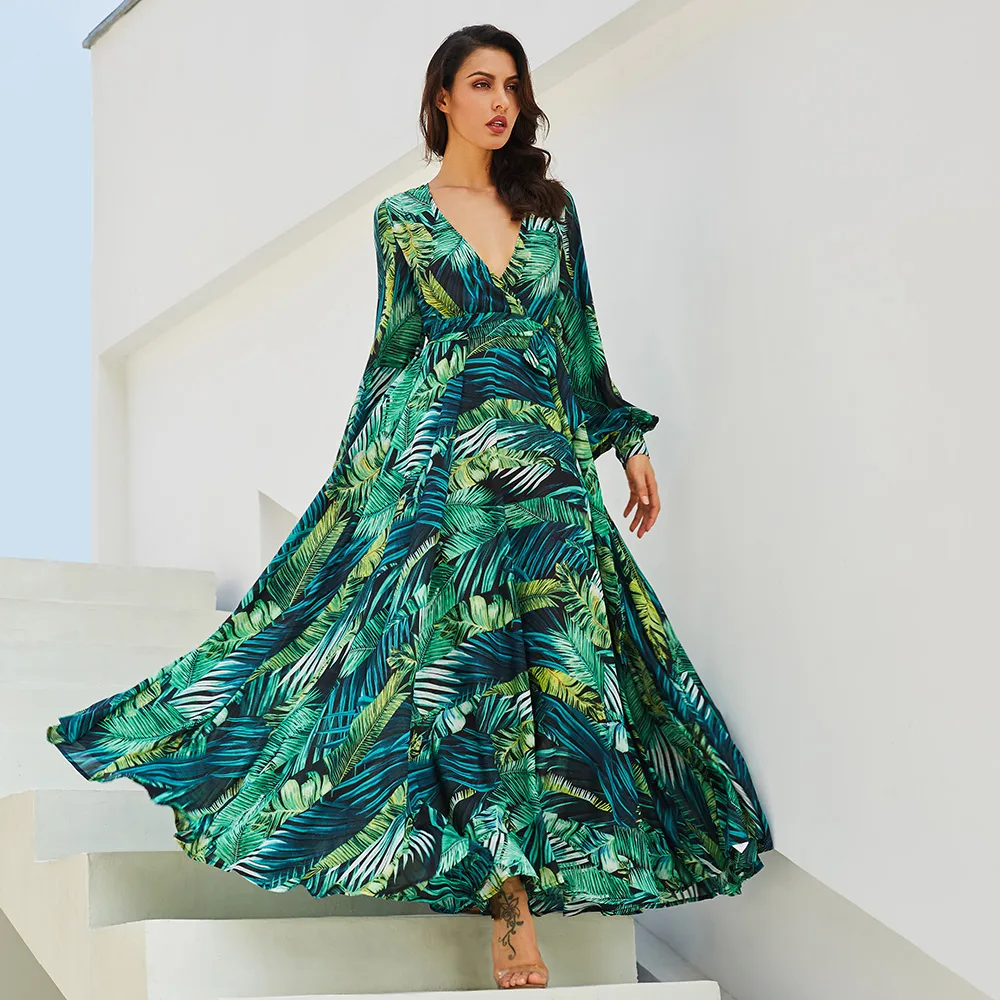 

Bohoartist Summer Dress For Women Lace Up Floral Print Green Ladies Deep V Neck Sexy Vacation Beach Bohemian Long Dresses