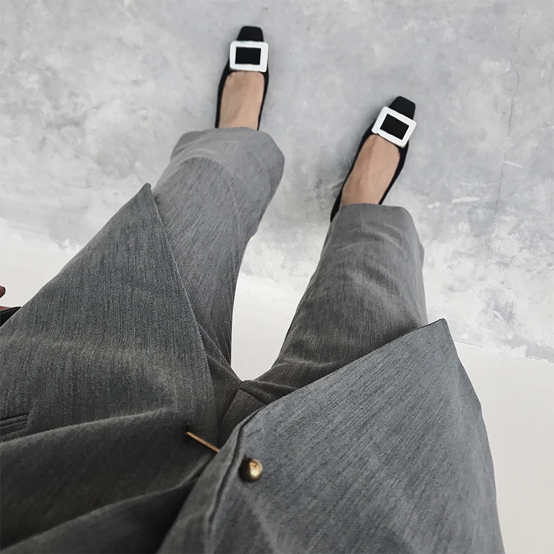 Gray Blazer Pants Sets Split Sleeve Pearl Pin Spring Garment Women's Loose Business Wide Legged Trousers INS Two-piece Suit