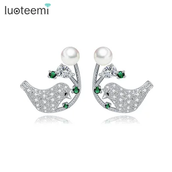

LUOTEEMI Brand Hot Sell Animal Shaped Stud Earrings Micro Pave CZ Crystal Gift Double Magpies Brincos for Women Wedding Jewelry