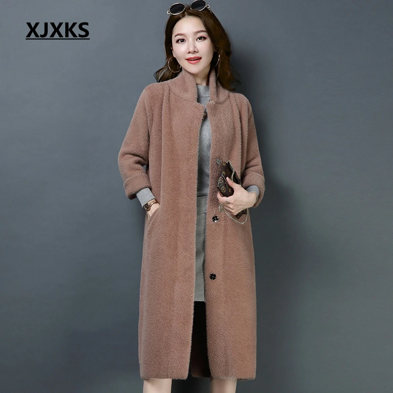 XJXKS manteau femme hiver пушистая ткань высококачественное шерстяное пальто для женщин плотное зимнее простое casaco feminino женское длинное пальто - Цвет: Хаки