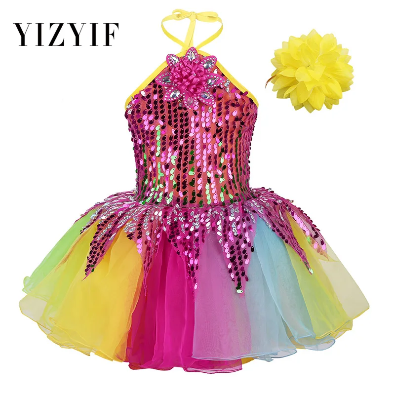 

YiZYiF Girls Dress Dance wear Sequins Tutu Dress Halter Neck 3D Flower Applique with Wristband Ballet Dress Stage Performance