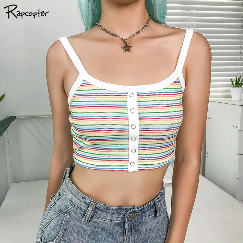 

Rapcopter Rainbow Striped Women Backless Crop Rib Camis Korean Style Femme Sleeveless Basic Casual Tops Ladies Summer 2019 Top