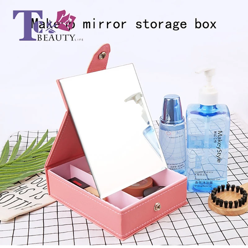 

Makeup Mirror Desktop Single Side with Makeup Box Medium Large PU Material European Style Simple Portable Folding Mirror