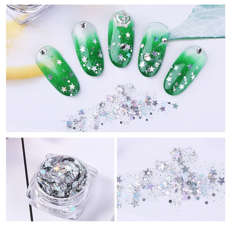 

New Glitter 6 Shimmer Colors Laser Gradient Nail Glitter Powders Gel Flash Heart Loose Cream Festival Decoration Party TSLM1