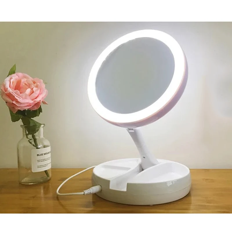 

2018 Newly Foldable LED mirror professional 10X magnifying mirrors Tri-fold Desktop mirror make up tool with storage box