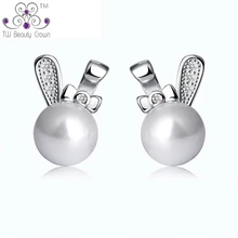Real 925 Plata Esterlina Lindo Pequeño Conejo Blanco Shell Perlas Pendientes Para Las Mujeres Jóvenes Niñas Niños de La Manera del Regalo de La Joyería