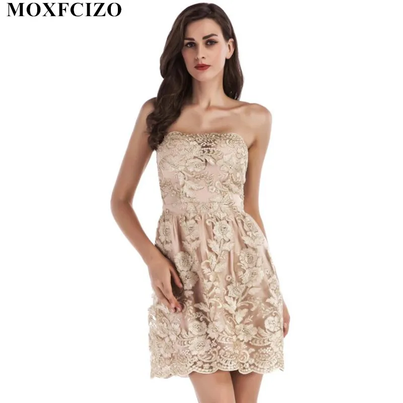 

Elegant Embroidery Gold Sexy Sequins Women Dress Bodycon Strapless Mini Sundress 2018 Backless Lace Mesh Club Party Dress Women