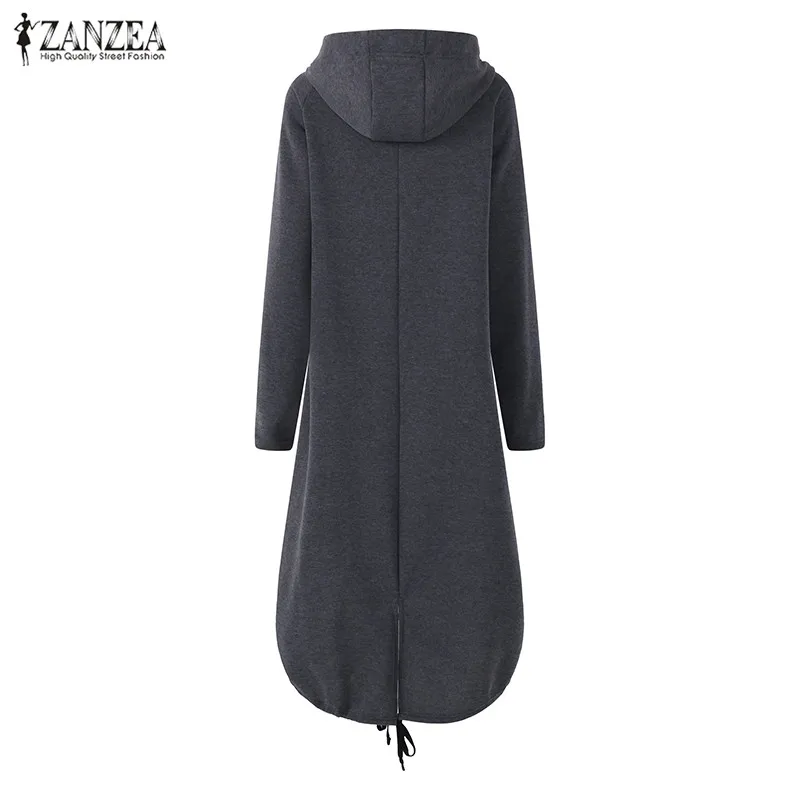 ZANZEA/зимняя женская толстовка с капюшоном и длинным рукавом, однотонная длинная верхняя одежда, повседневная модная толстовка на молнии с неровным подолом, пальто размера плюс